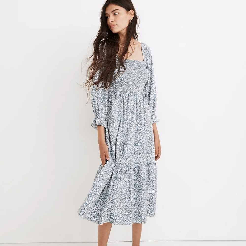 Lucie Elbow-Sleeve Smocked Midi Dress in Sunflower Field large